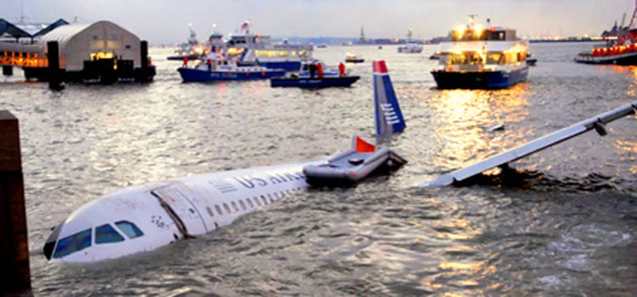 N106US afloat on the Hudson River at dusk shortly after ditching, surrounded by ferries and rescue boats