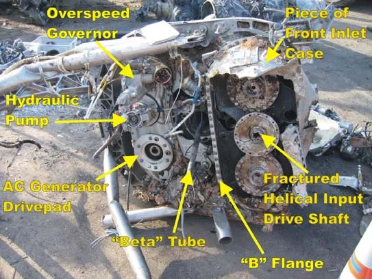Recovered No. 2 engine propeller reduction gearbox and front inlet case, annotated by investigators