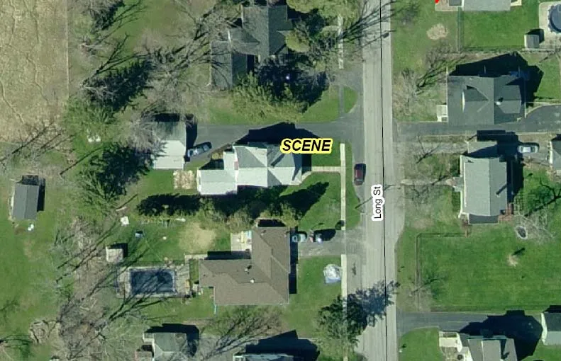 Aerial reference image marking the accident site at 6038 Long Street, Clarence Center, New York