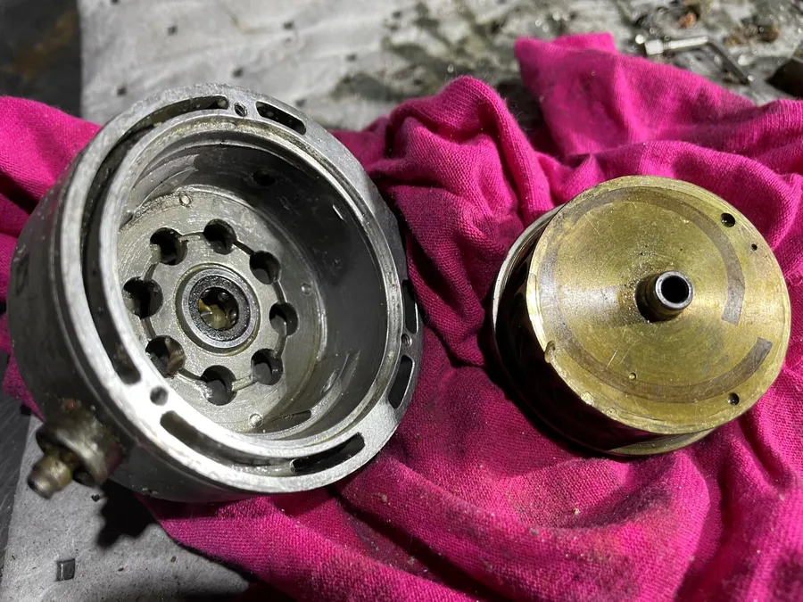Attitude indicator gyroscope after disassembly, showing rotational scoring