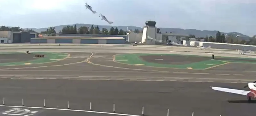 NTSB final report figure: composite security-camera image showing the airplane's abrupt pitch-up during the go-around